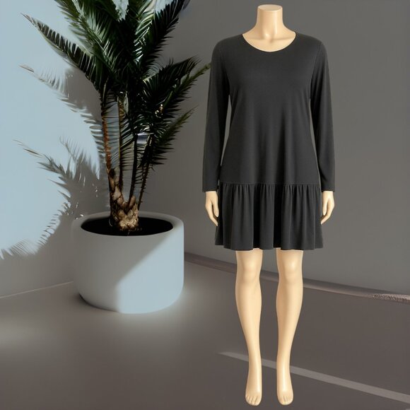 Women’s Black Long Sleeve Relaxed Fit Layered Dress XL Knee Length Self Tie Belt - Picture 2 of 10